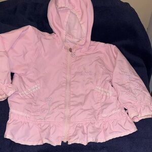 Pink Hooded Raincoat with Ruffled Hem